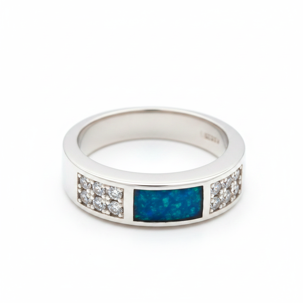 Silver 925 CZ band memorial ring — blue teal opal flakes resin in rectangular channel setting