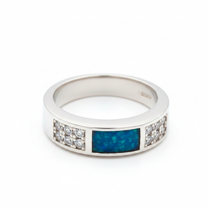 Silver 925 CZ band memorial ring — blue teal opal flakes resin in rectangular channel setting