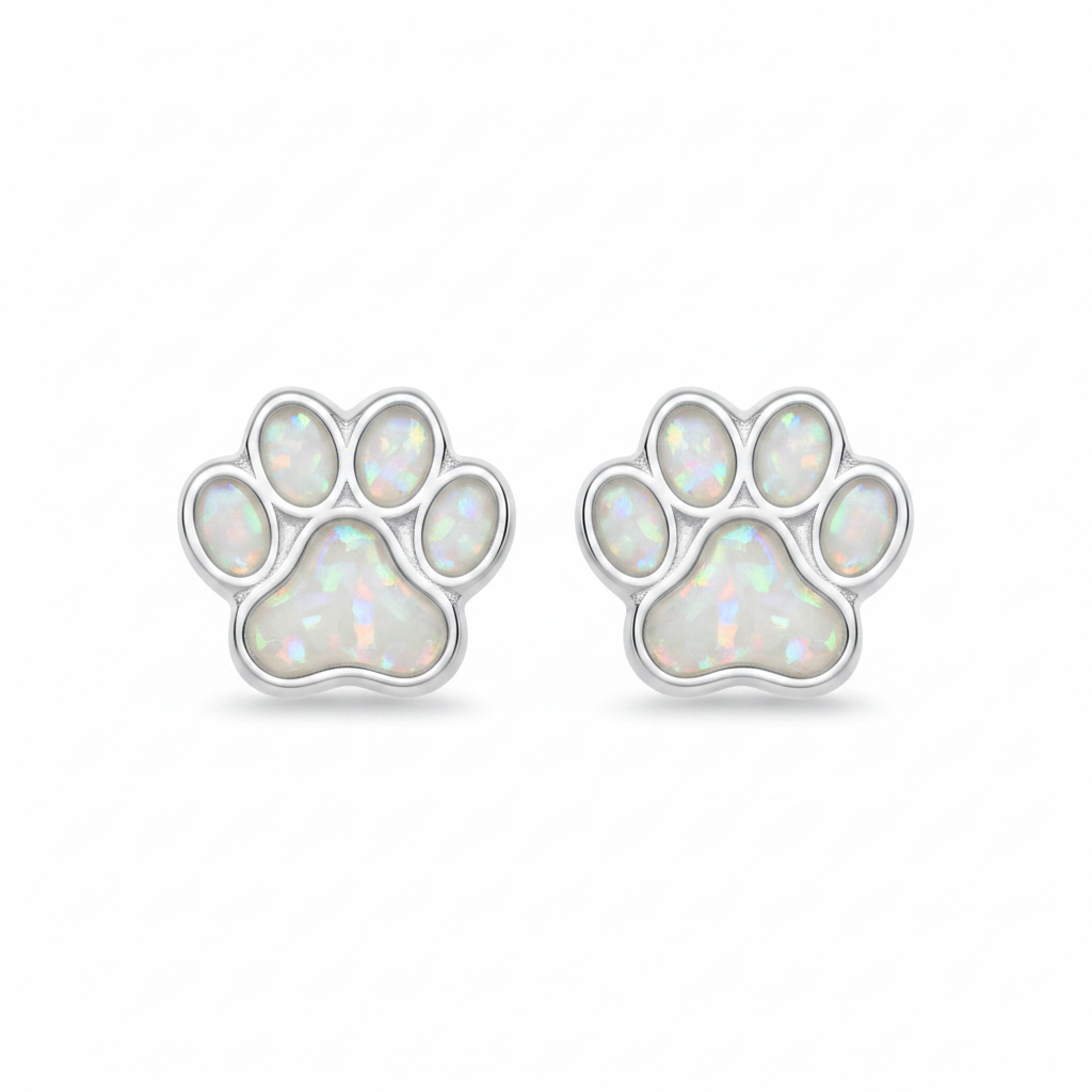 Silver 925 dog paw print memorial stud earrings pair — white pearl opal flakes resin in all five pad settings per earring