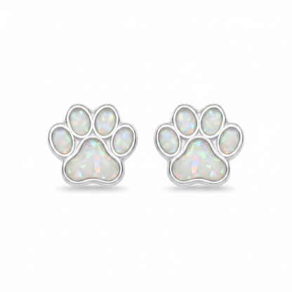 Silver 925 dog paw print memorial stud earrings pair — white pearl opal flakes resin in all five pad settings per earring