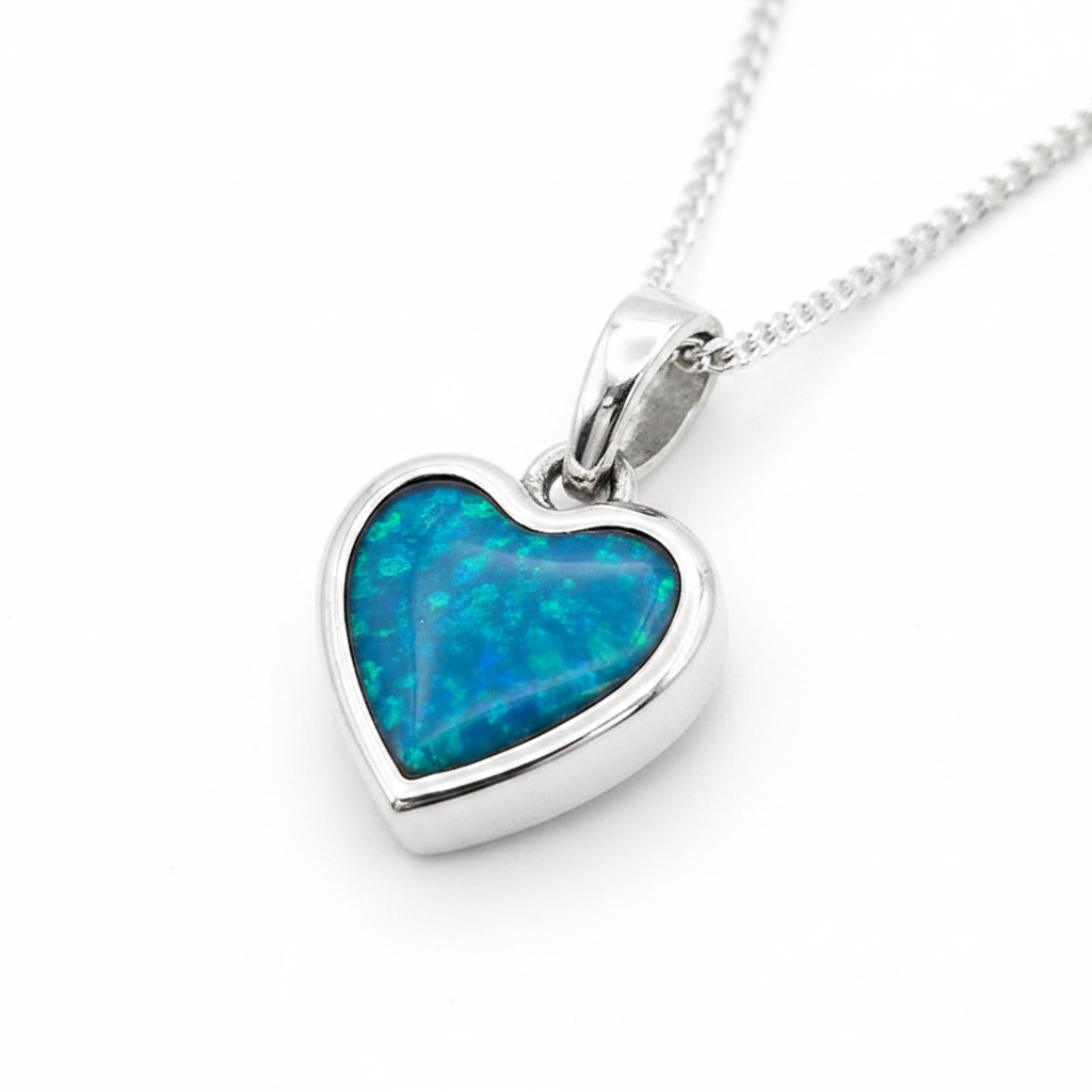 Bubble Heart Thick Trim 925 Silver Memorial Pendant with blue teal opal resin — white background