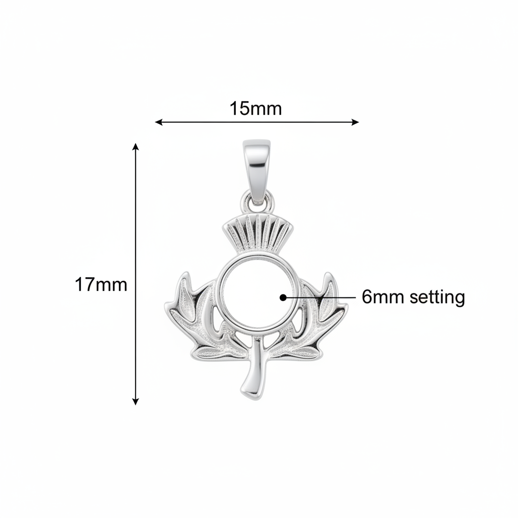 Silver 925 Scottish thistle memorial pendant dimensions — 15x17mm overall, 6mm round centre