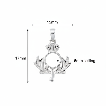 Silver 925 Scottish thistle memorial pendant dimensions — 15x17mm overall, 6mm round centre