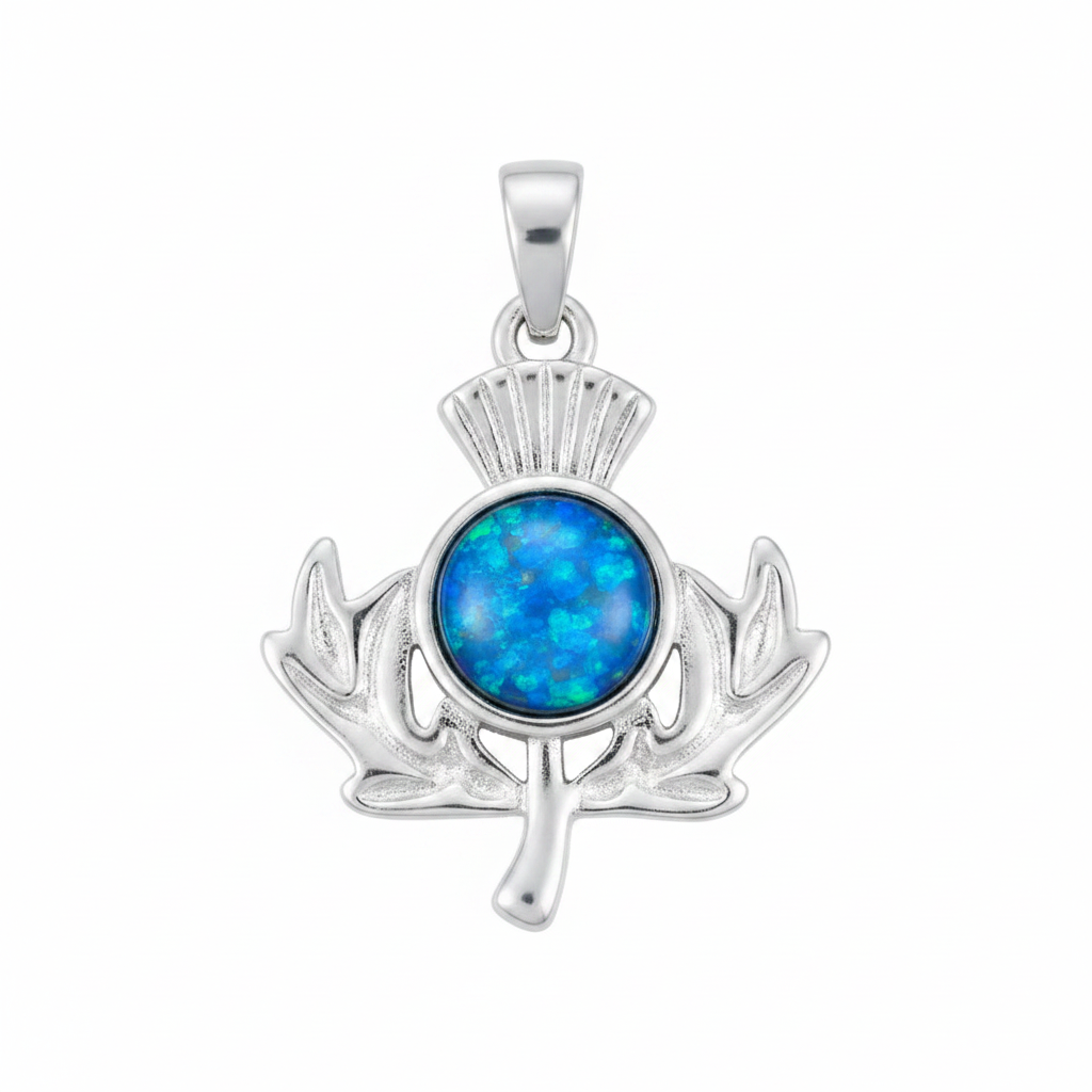 Silver 925 Scottish thistle memorial pendant with blue opal flakes, white background