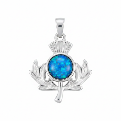 Silver 925 Scottish thistle memorial pendant with blue opal flakes, white background