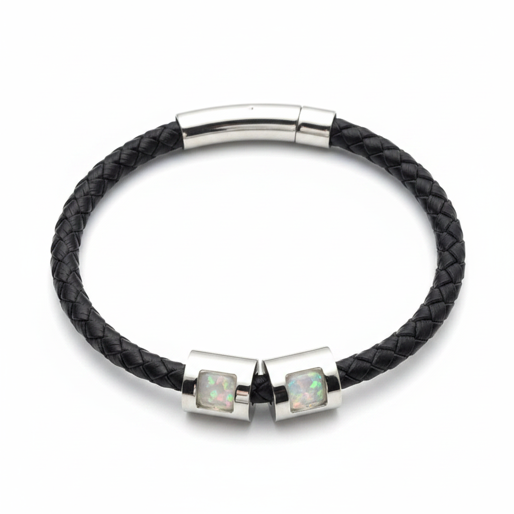 Black Leather Memorial Bracelet with 2 stainless steel beads and white pearl opal flake inclusions