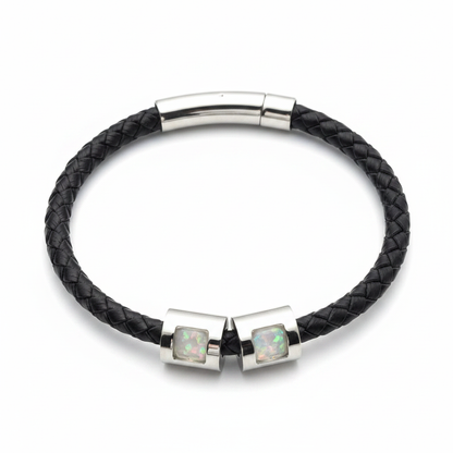 Black Leather Memorial Bracelet with 2 stainless steel beads and white pearl opal flake inclusions