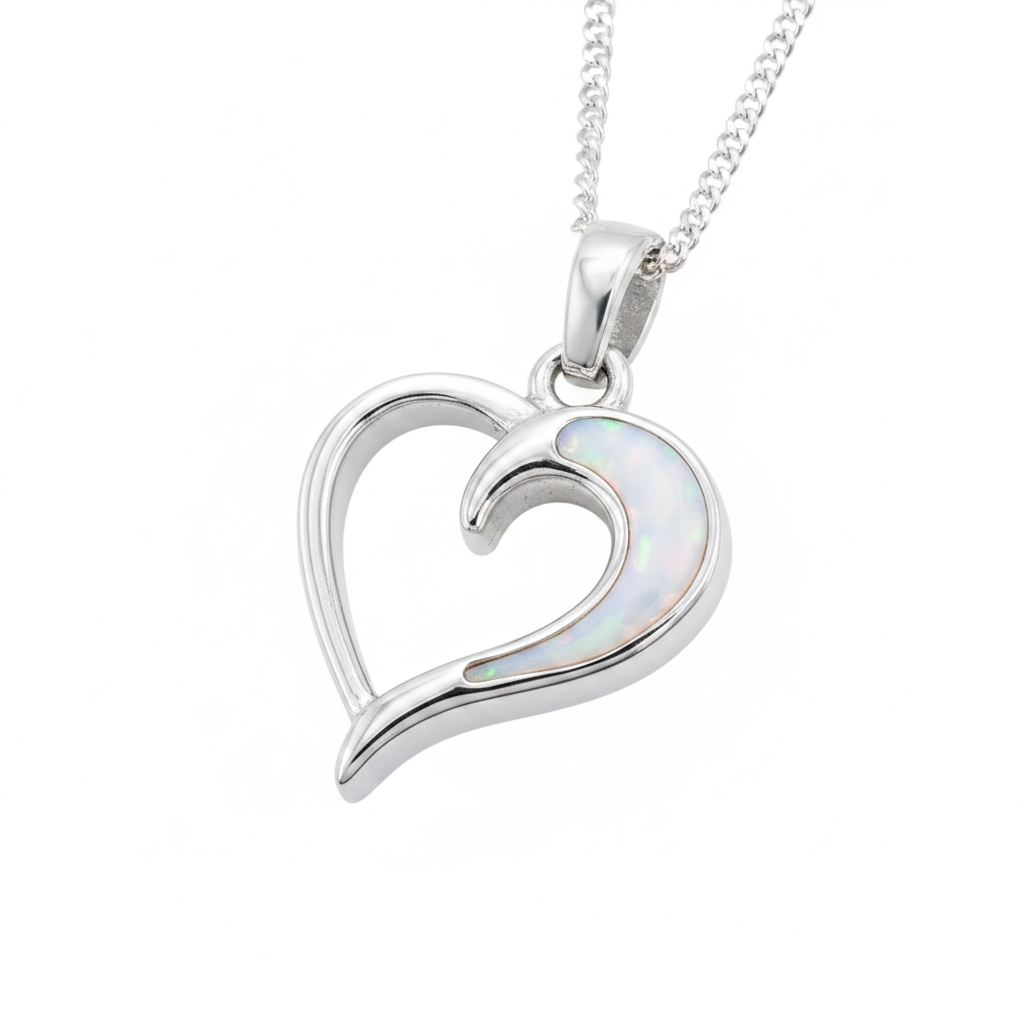 Hollow Heart 925 Silver Memorial Pendant with white pearl opal resin in swoosh area — white background