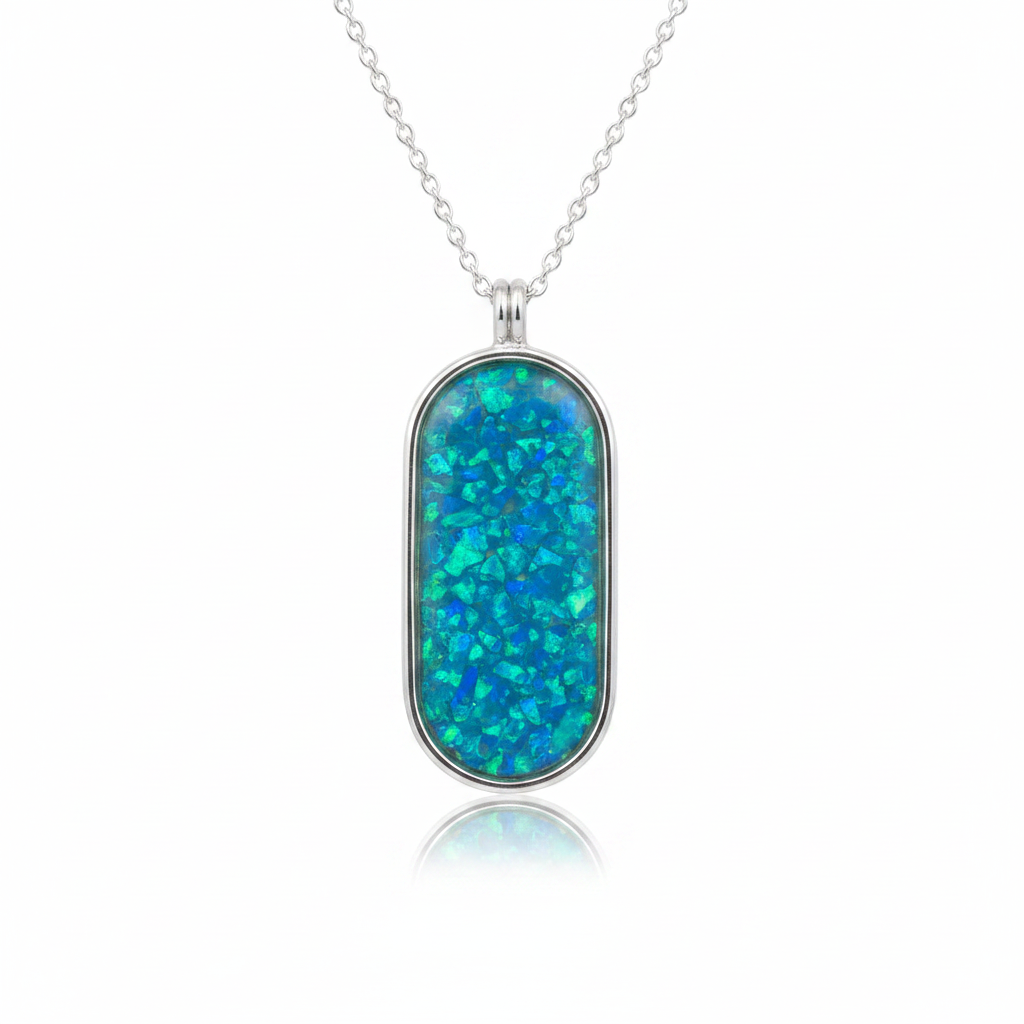 925 sterling silver oval dog tag memorial pendant necklace with blue teal opal resin on white background