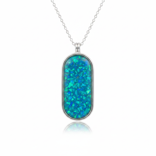 925 sterling silver oval dog tag memorial pendant necklace with blue teal opal resin on white background