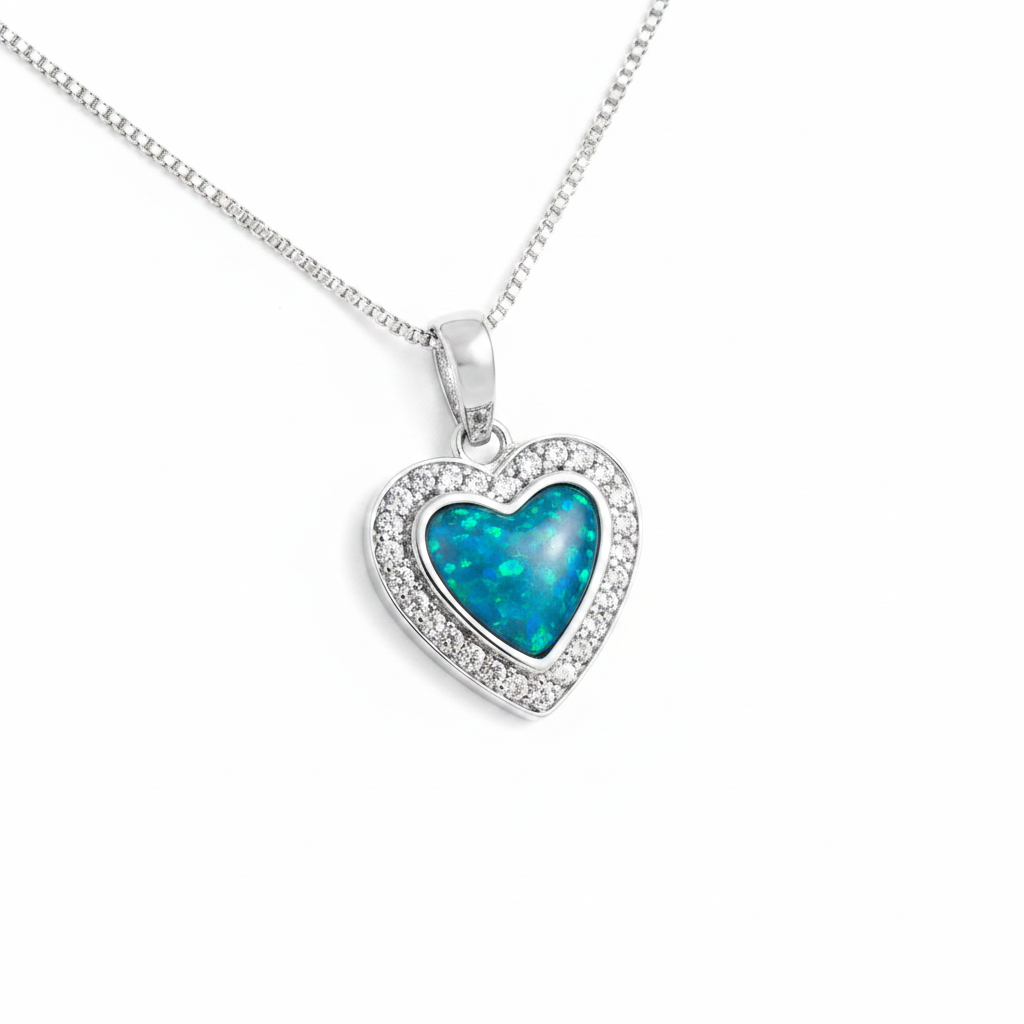 CZ Halo Heart 925 Silver Memorial Pendant with blue teal opal resin inclusion — white background