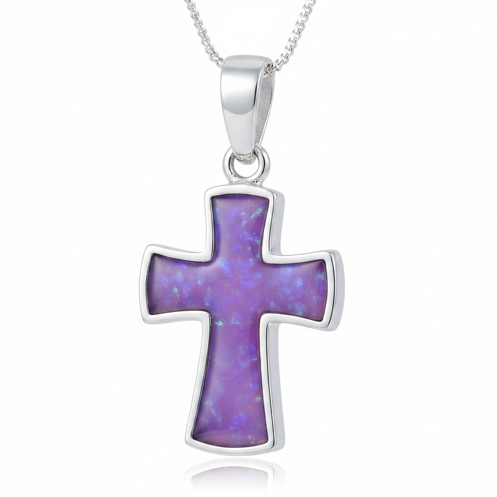 Silver 925 solid back cross memorial pendant — lavender purple opal flakes resin filling full cross interior setting