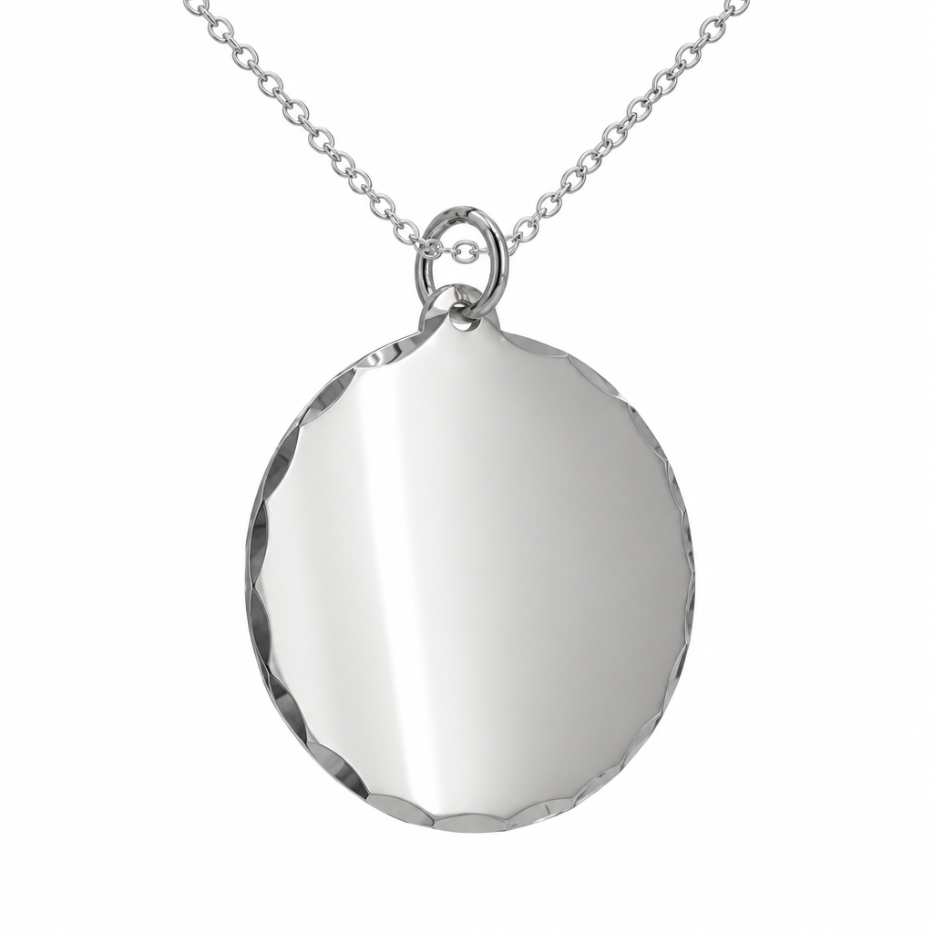 Illustrative unengraved scalloped sterling silver disc pendant on a sterling silver chain, white background