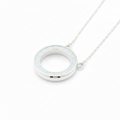 Silver 925 Circle of Life memorial pendant with white opal and mica resin on chain, white background