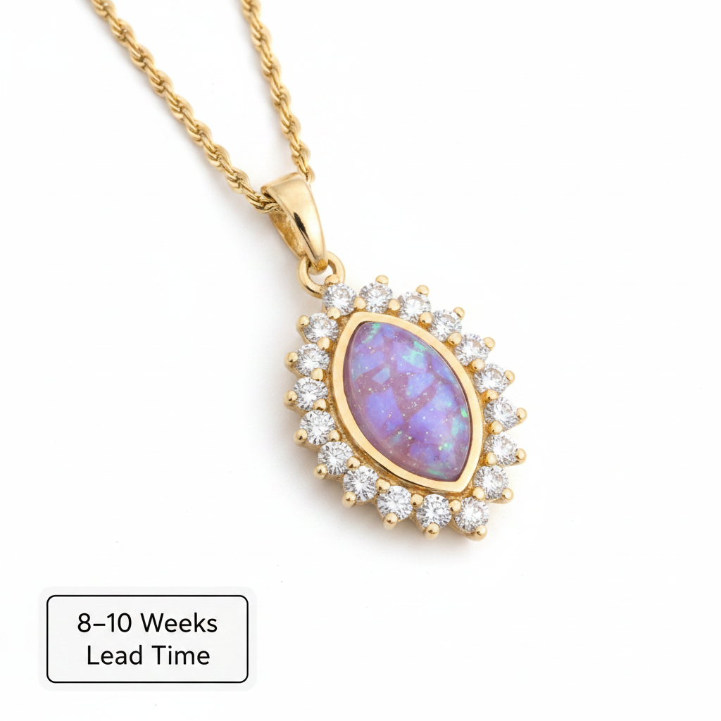 9ct Gold Princess Marquise CZ Halo Pendant — lavender opal resin, white background