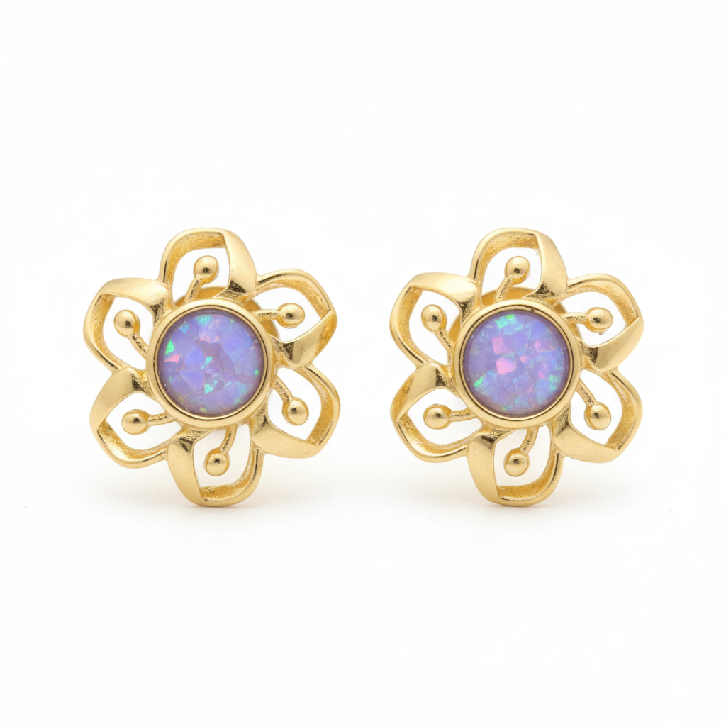 Gold filigree flower stud earrings with lavender opal memorial resin