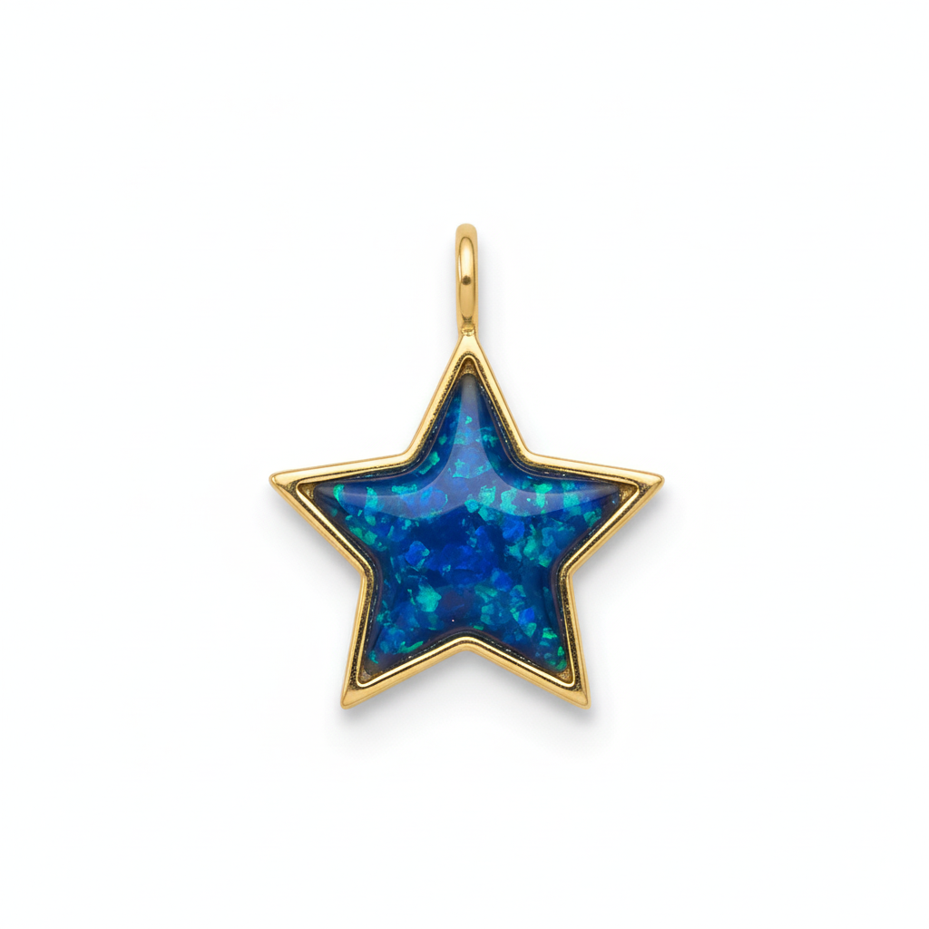 9ct gold star memorial pendant with deep blue iridescent opal flakes – white background correct scale