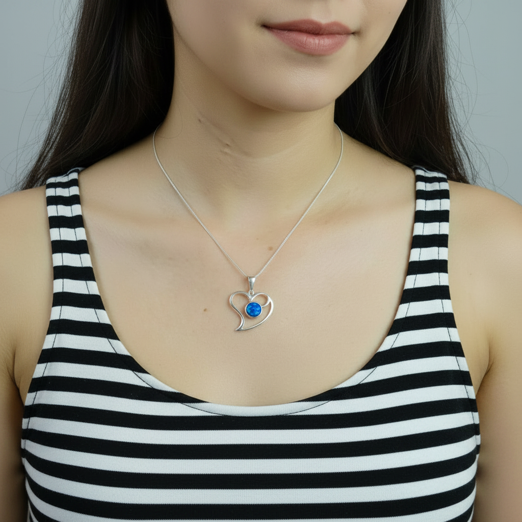 Model wearing silver 925 open swirl heart memorial pendant at true 26x25mm scale