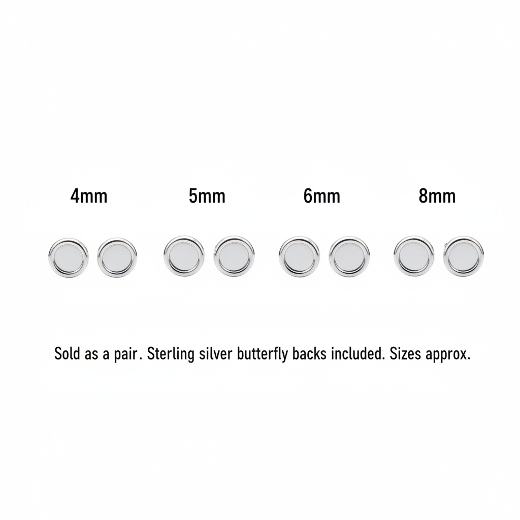 Silver 925 round bezel memorial stud earrings size comparison guide — 4mm, 5mm, 6mm and 8mm settings shown