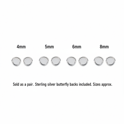 Silver 925 round bezel memorial stud earrings size comparison guide — 4mm, 5mm, 6mm and 8mm settings shown