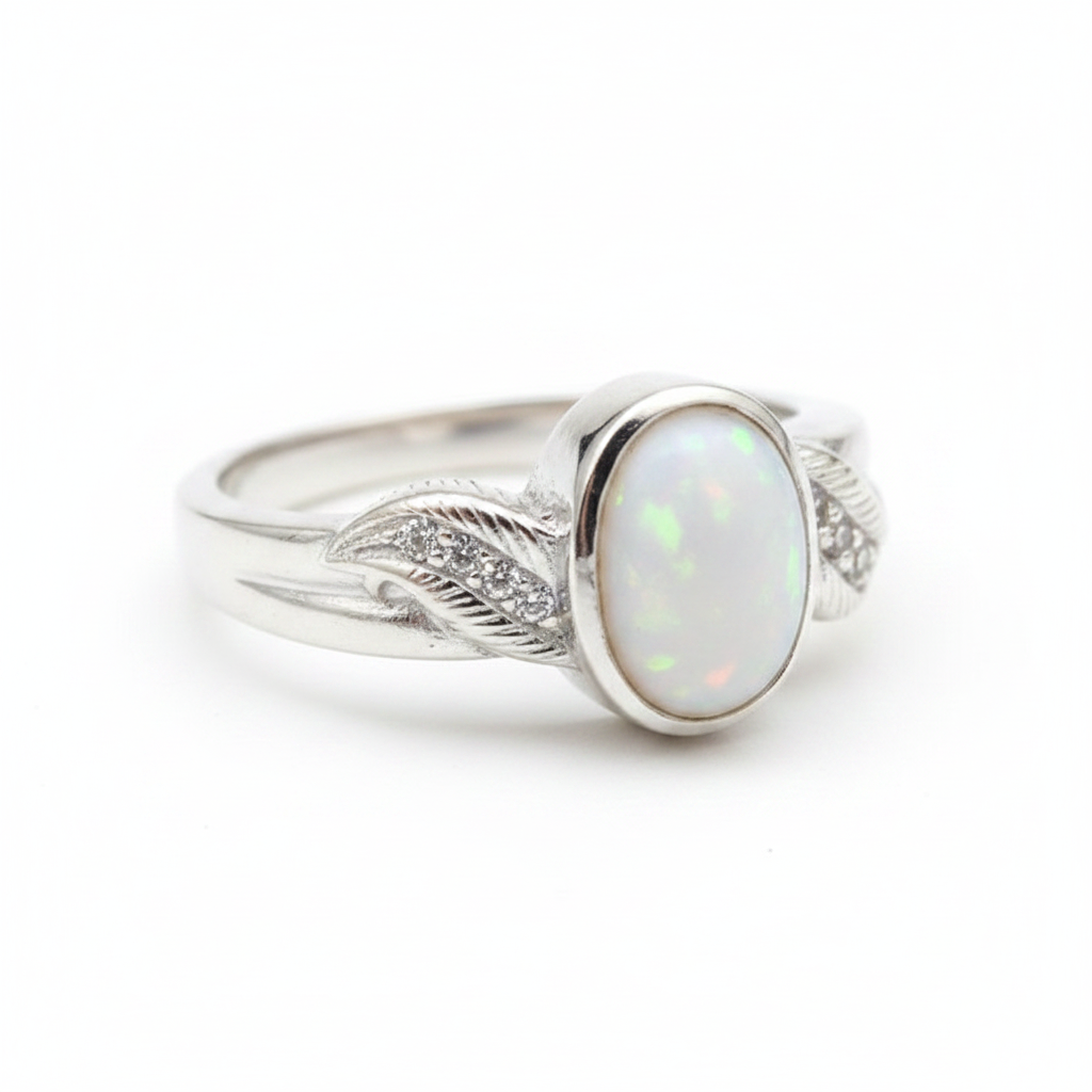 Silver 925 feather shoulder memorial ring — white pearl opal flakes resin in 7x5mm oval centre setting, feather shoulders with CZ stones