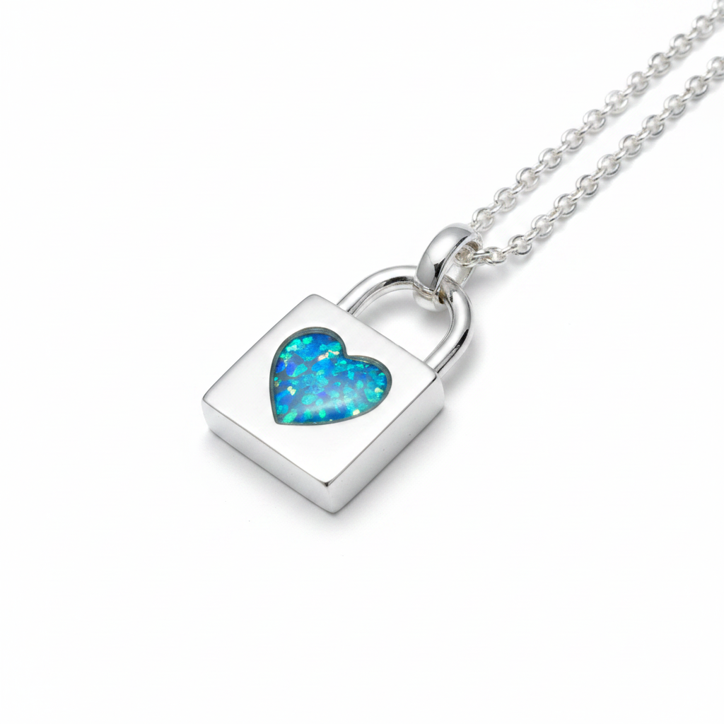 Heart Padlock Pendant Necklace 925 Sterling Silver with blue teal opal flake inclusion