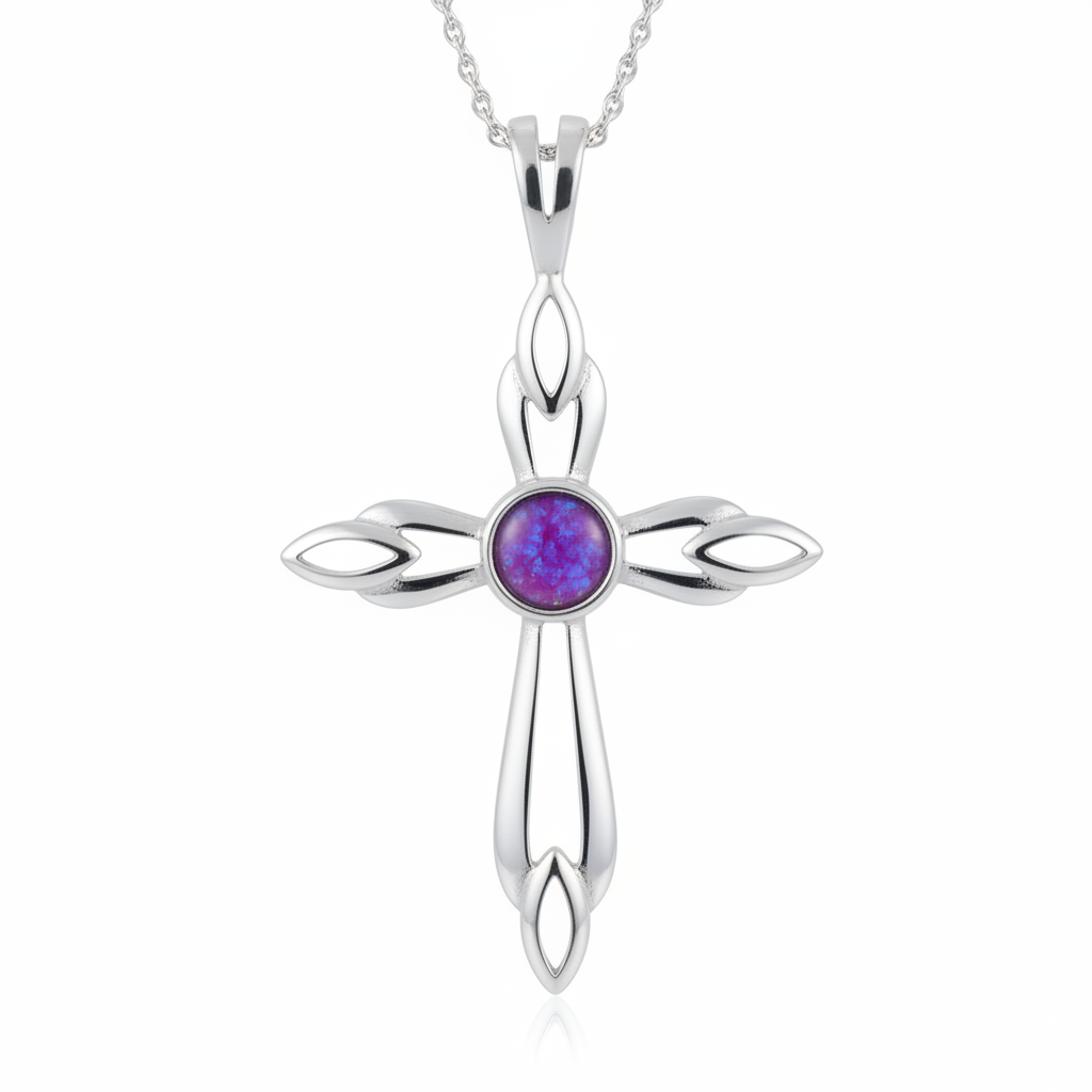 Silver 925 ornate flame cross memorial pendant — lavender purple opal flakes resin in 6mm round centre setting