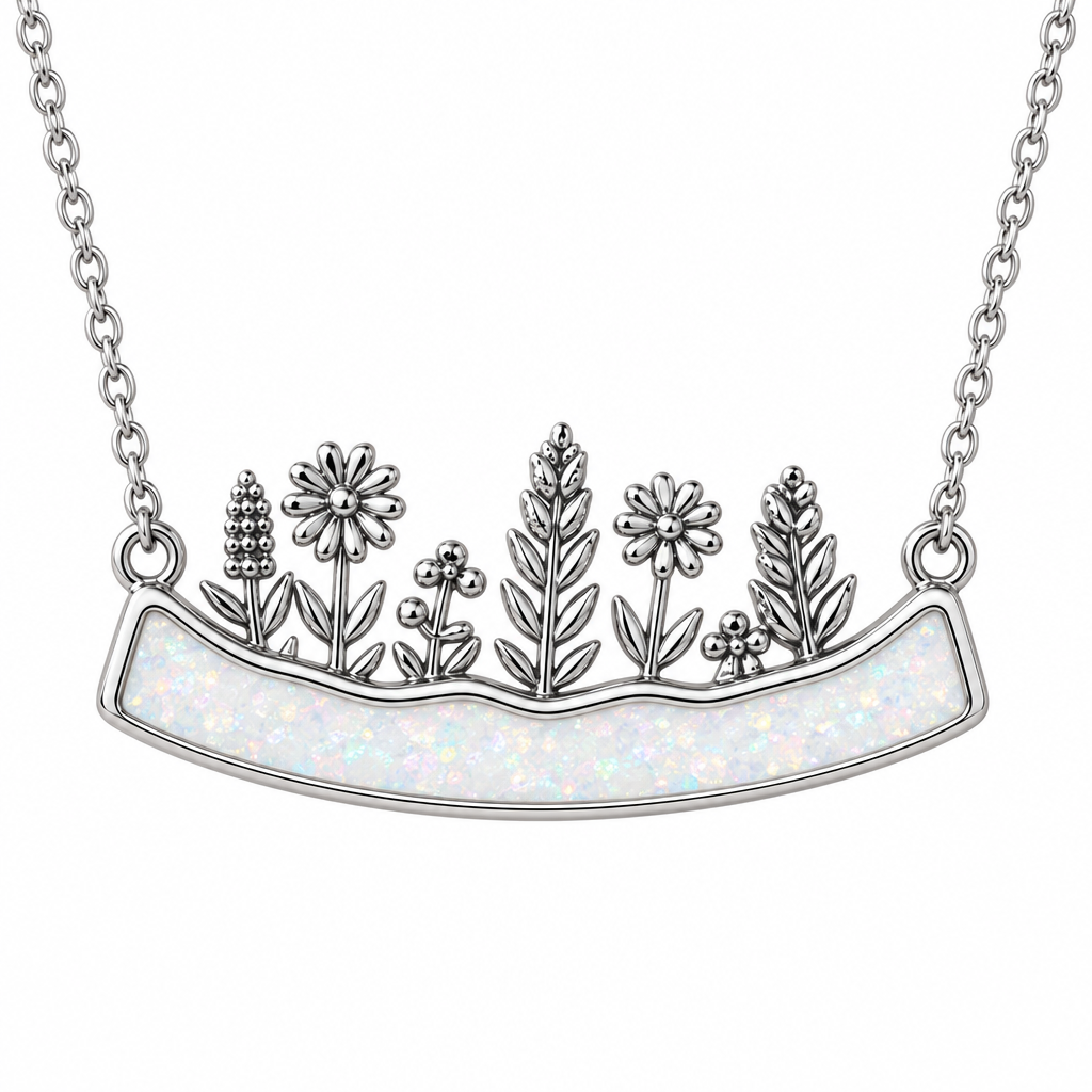 Wildflower memorial pendant with white pearl opal resin