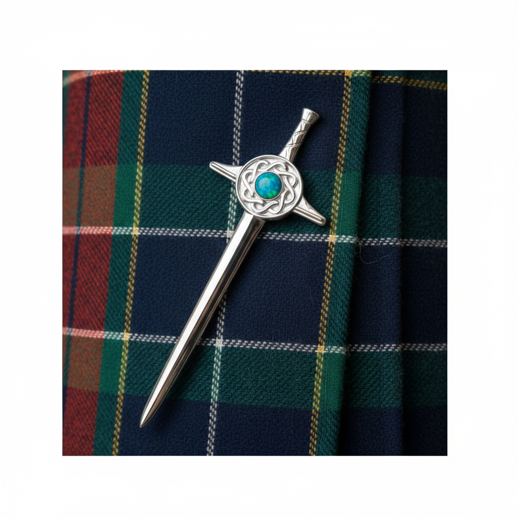 Sword Kilt Pin 925 Silver worn on tartan kilt — lifestyle shot showing correct placement