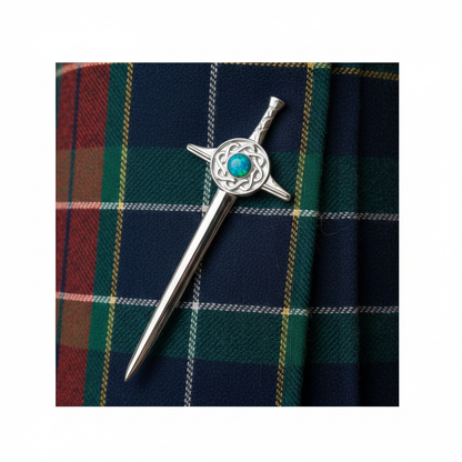 Sword Kilt Pin 925 Silver worn on tartan kilt — lifestyle shot showing correct placement