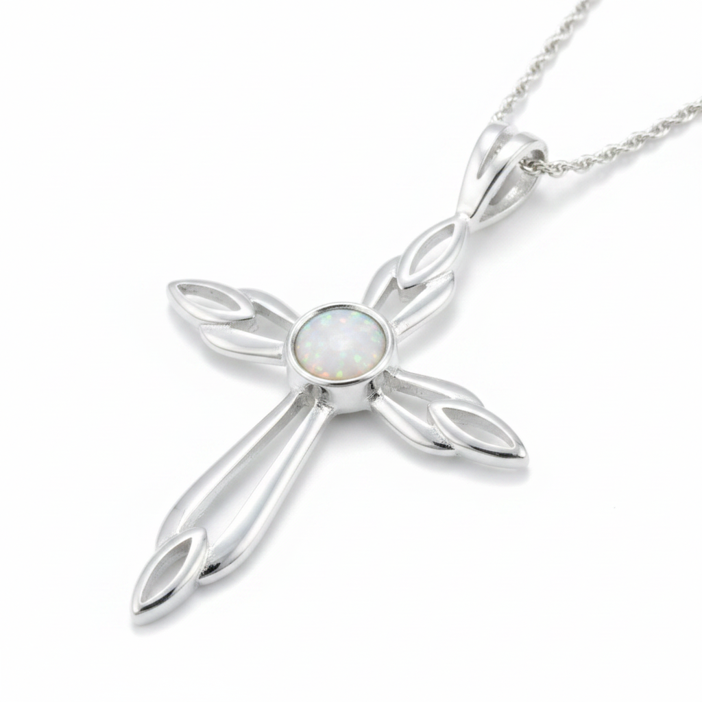 Silver 925 ornate flame cross memorial pendant — white pearl opal flakes resin in 6mm round centre setting