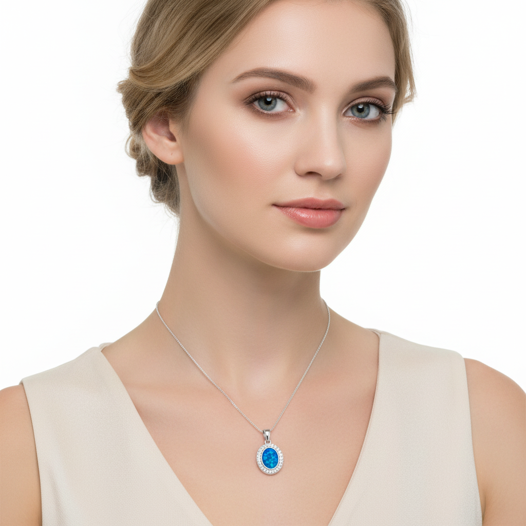 Model wearing silver 925 oval halo CZ memorial pendant at true 16x14mm scale