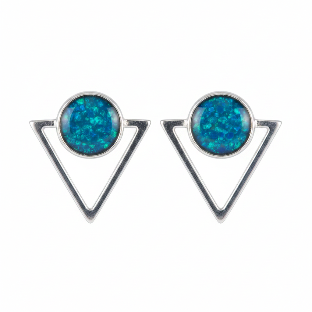 Silver 925 triangle memorial stud earrings — blue teal opal flakes resin in 5mm round setting