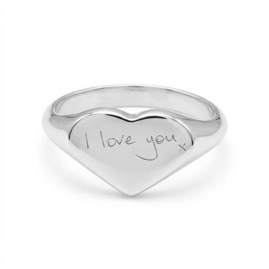 Illustrative mirror-polished heart silver signet ring with I love you x handwriting engraving