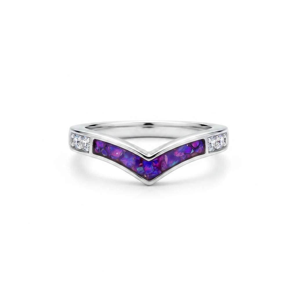 925 sterling silver wishbone CZ memorial ring with lavender purple opal flakes in resin channel on white background