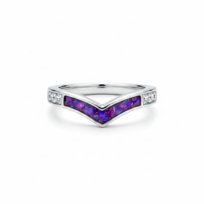 925 sterling silver wishbone CZ memorial ring with lavender purple opal flakes in resin channel on white background