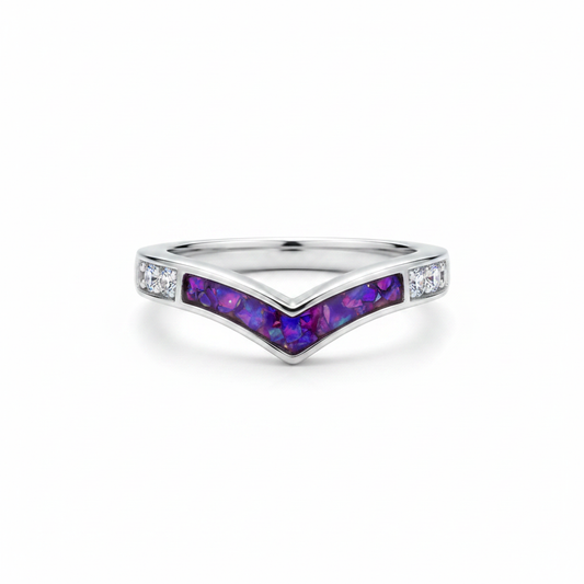 925 sterling silver wishbone CZ memorial ring with lavender purple opal flakes in resin channel on white background