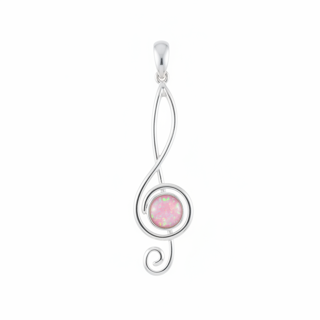 Silver 925 treble clef music note memorial pendant with pink opal flakes, white background