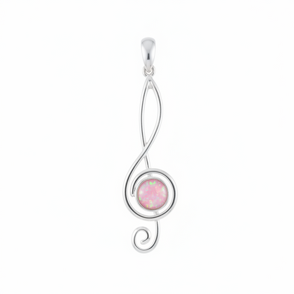 Silver 925 treble clef music note memorial pendant with pink opal flakes, white background