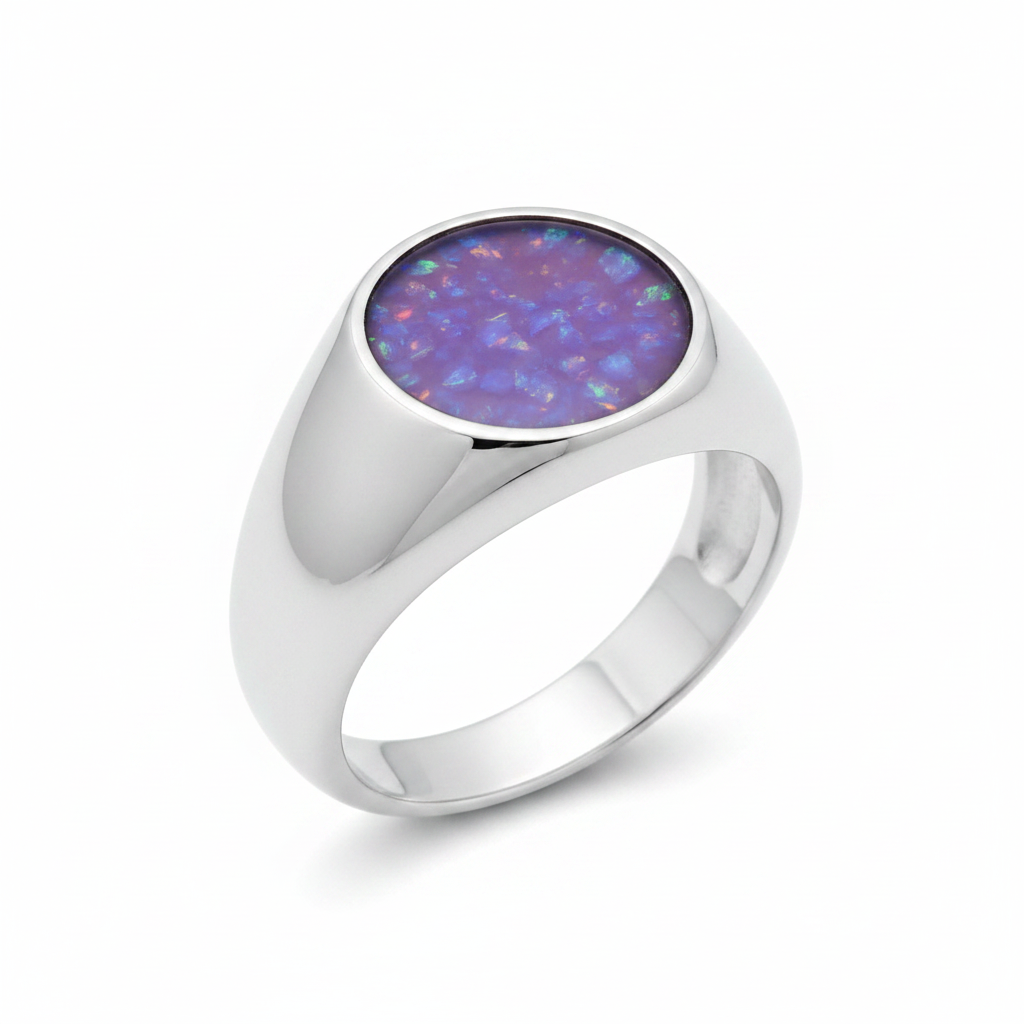 Silver 925 gents signet memorial ring — lavender purple opal flakes resin in 10mm round setting, chunky wide domed signet band