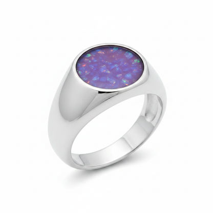 Silver 925 gents signet memorial ring — lavender purple opal flakes resin in 10mm round setting, chunky wide domed signet band