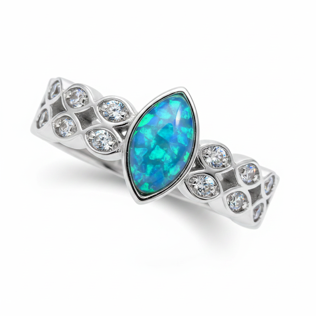 Double marquise band CZ 925 silver ring with blue teal opal resin in 7x4mm central marquise setting on white background