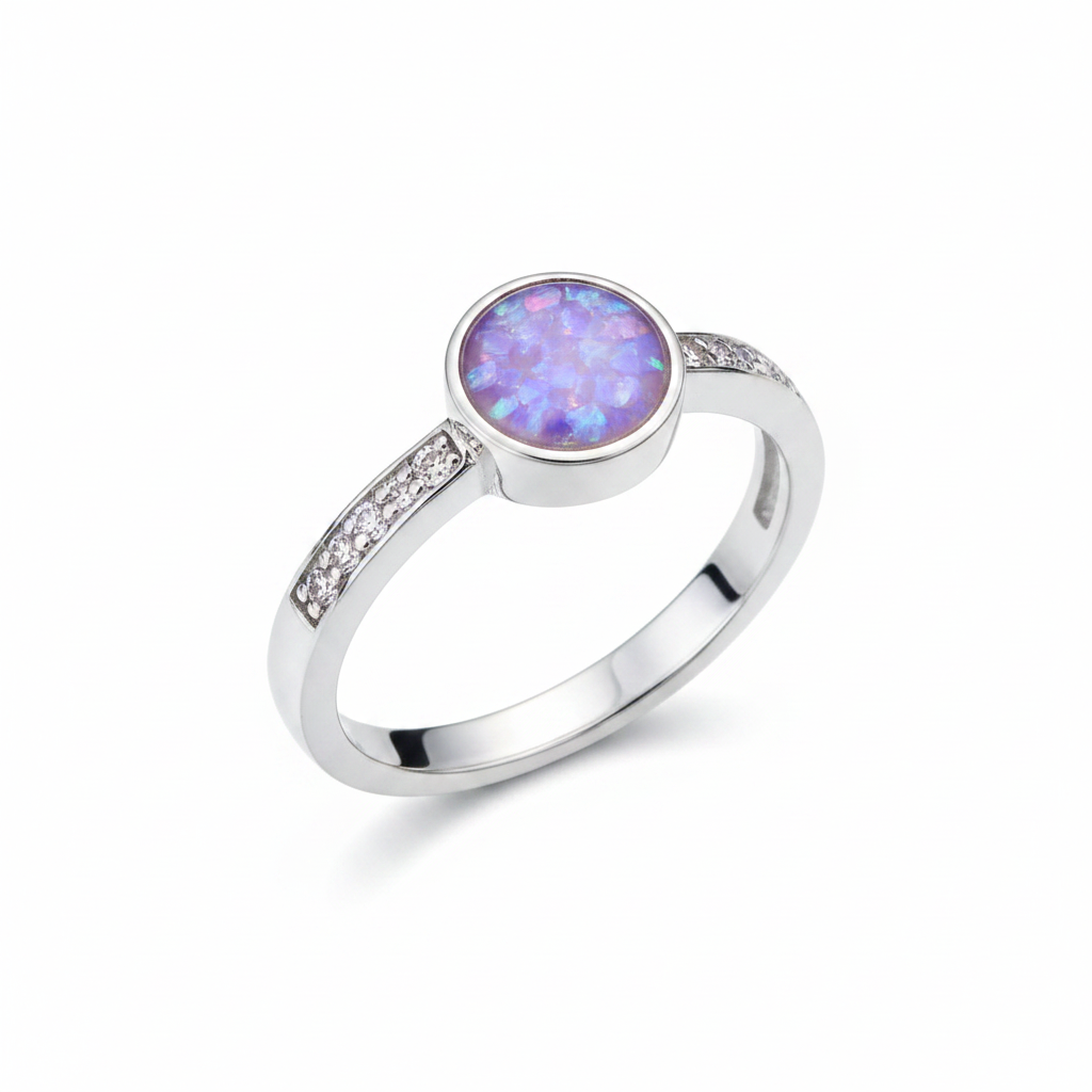 Silver 925 full shank CZ ring with lavender purple opal resin in 6mm central setting on white background