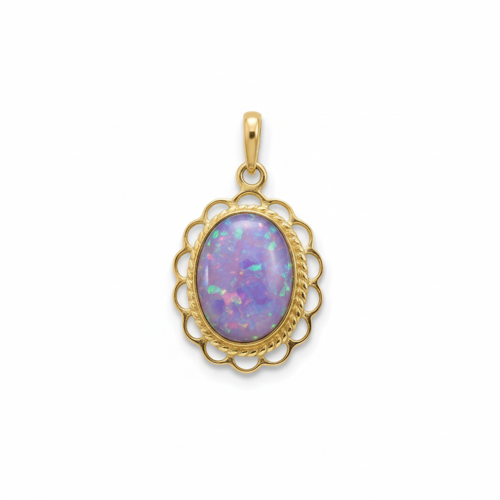 9ct gold ornate filigree oval memorial pendant with lavender iridescent opal flakes