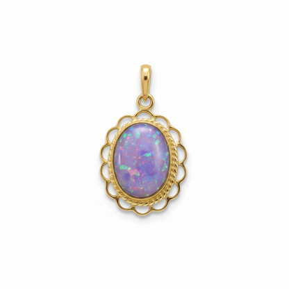 9ct gold ornate filigree oval memorial pendant with lavender iridescent opal flakes