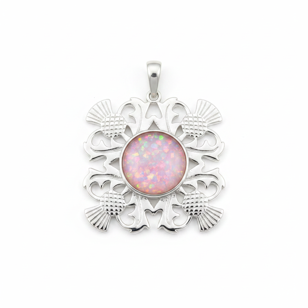 Silver 925 four-thistle filigree memorial pendant with pink opal flakes, white background