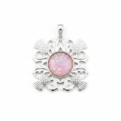 Silver 925 four-thistle filigree memorial pendant with pink opal flakes, white background