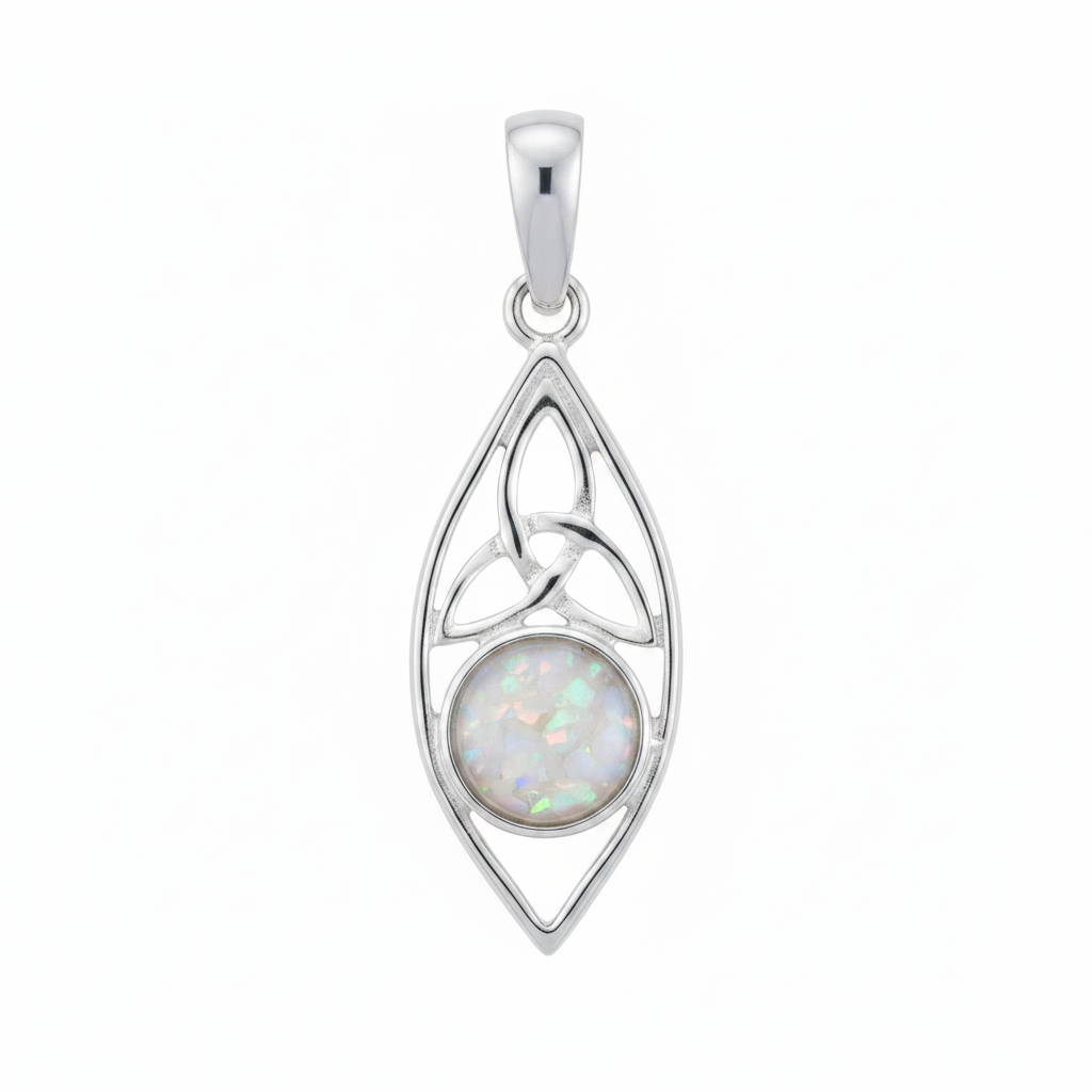 Silver 925 Celtic marquise memorial pendant with white opal and mica, white background