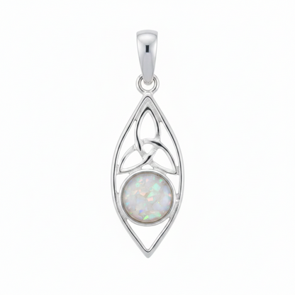 Silver 925 Celtic marquise memorial pendant with white opal and mica, white background