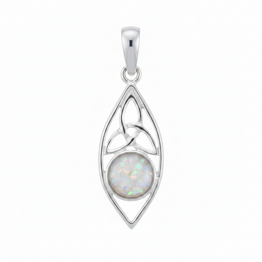 Silver 925 Celtic marquise memorial pendant with white opal and mica, white background